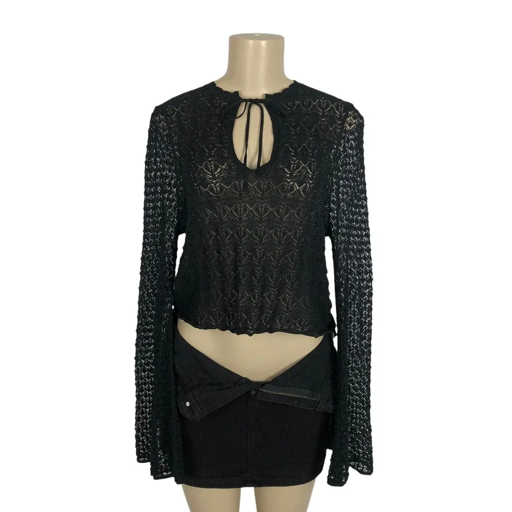 Zara Crochet Lace Knit Tie Front Bell Sleeve Crop Top Medium Witchy Whimsigoth